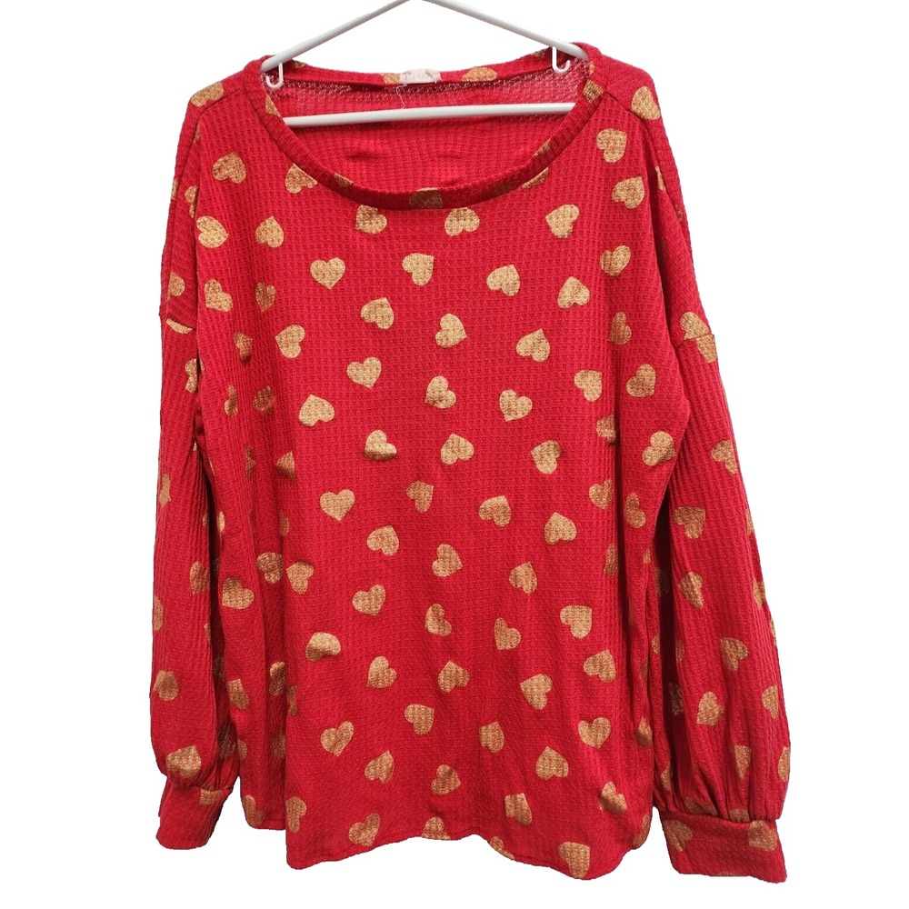 Bibi Womens Thermal BOHO Top Size 1X Red Gold Heart Print Long Sleeve Casual